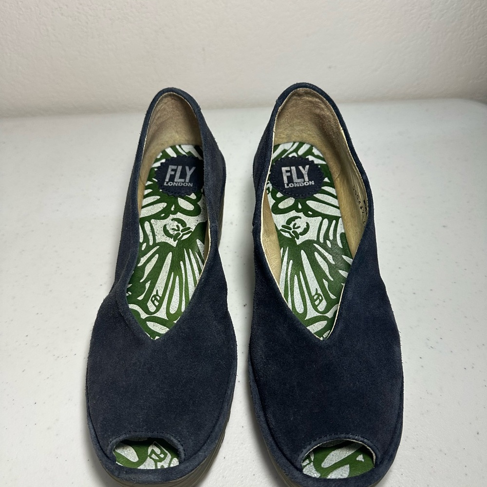 Fly London Yury Women's Navy Blue Suede leather Peep Toe Shoes